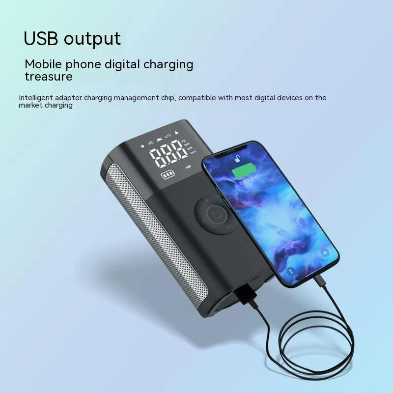 Wireless handheld digital display air pump with LCD screen showing tyre pressure, three nozzles, and charging cable