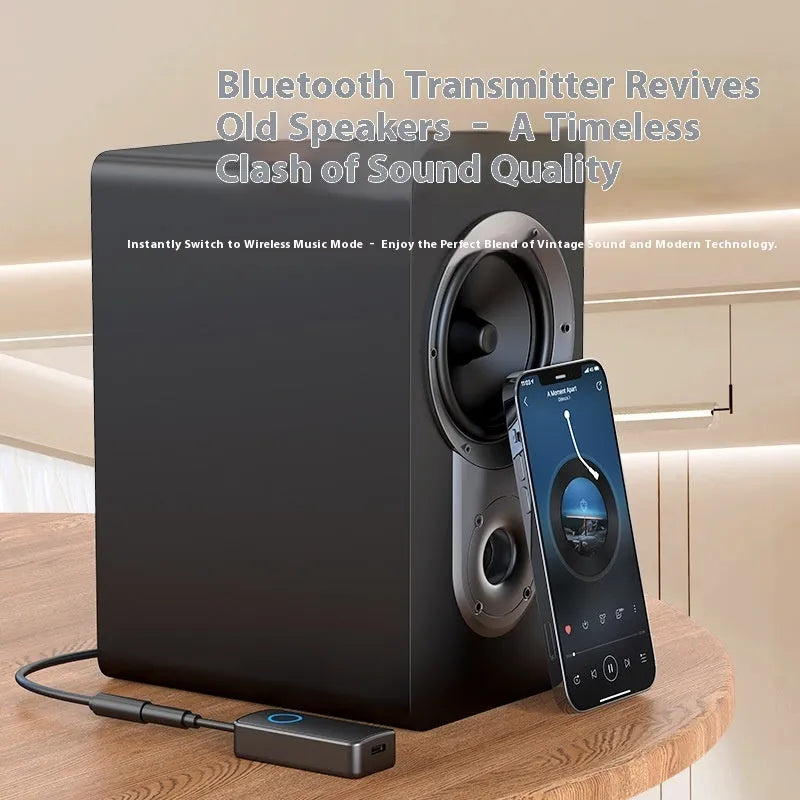 Black Bluetooth 5.4 audio adapter with flexible 3.5mm plug for wireless streaming to devices