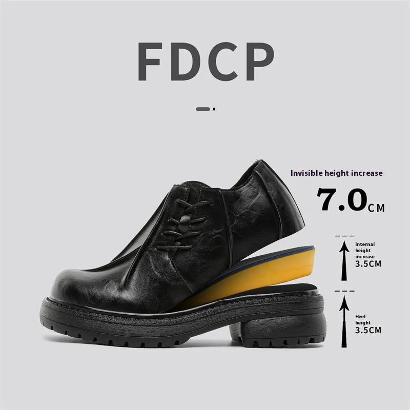 Black low-top platform leather shoes with round toe and rubber sole.