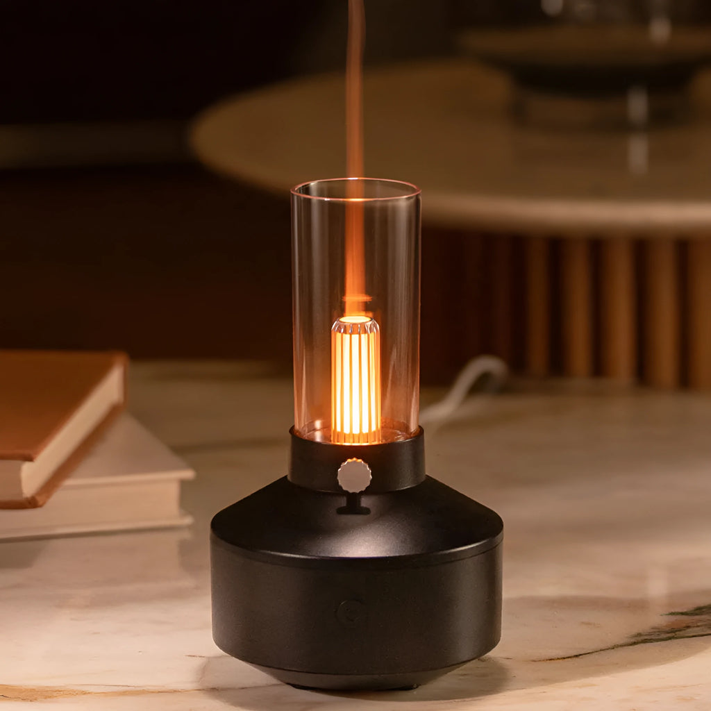 Retro 150ml ultrasonic humidifier with candlelight night light, black or white, USB aroma diffuser