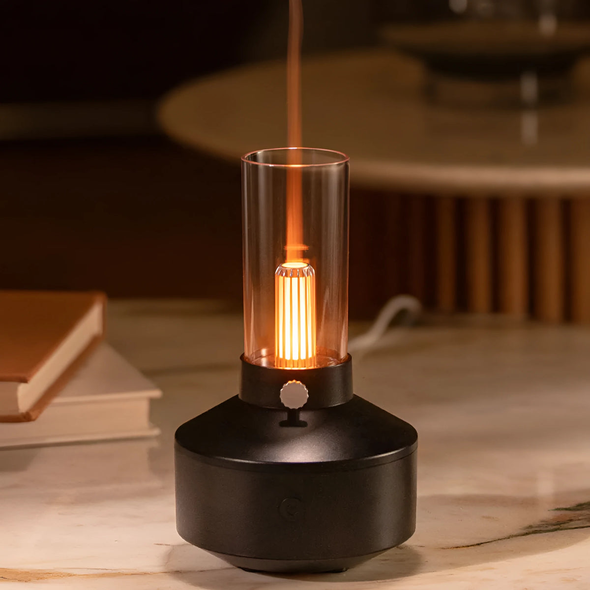 Retro 150ml ultrasonic humidifier with candlelight night light, black or white, USB aroma diffuser