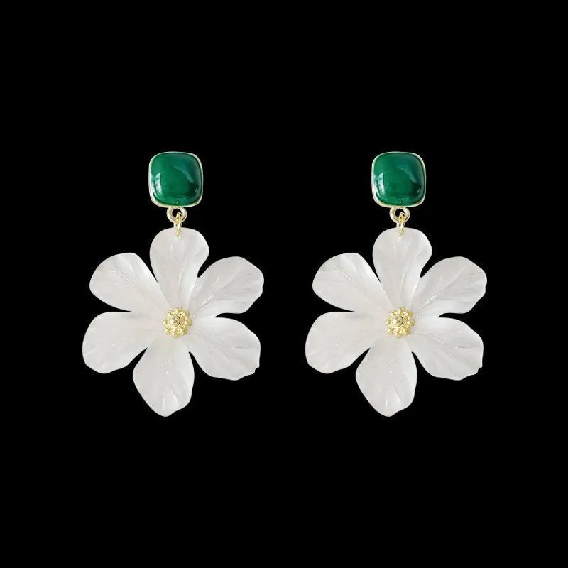 Dark green alloy drop earrings with a detailed sterling silver needle flowers sweet design.