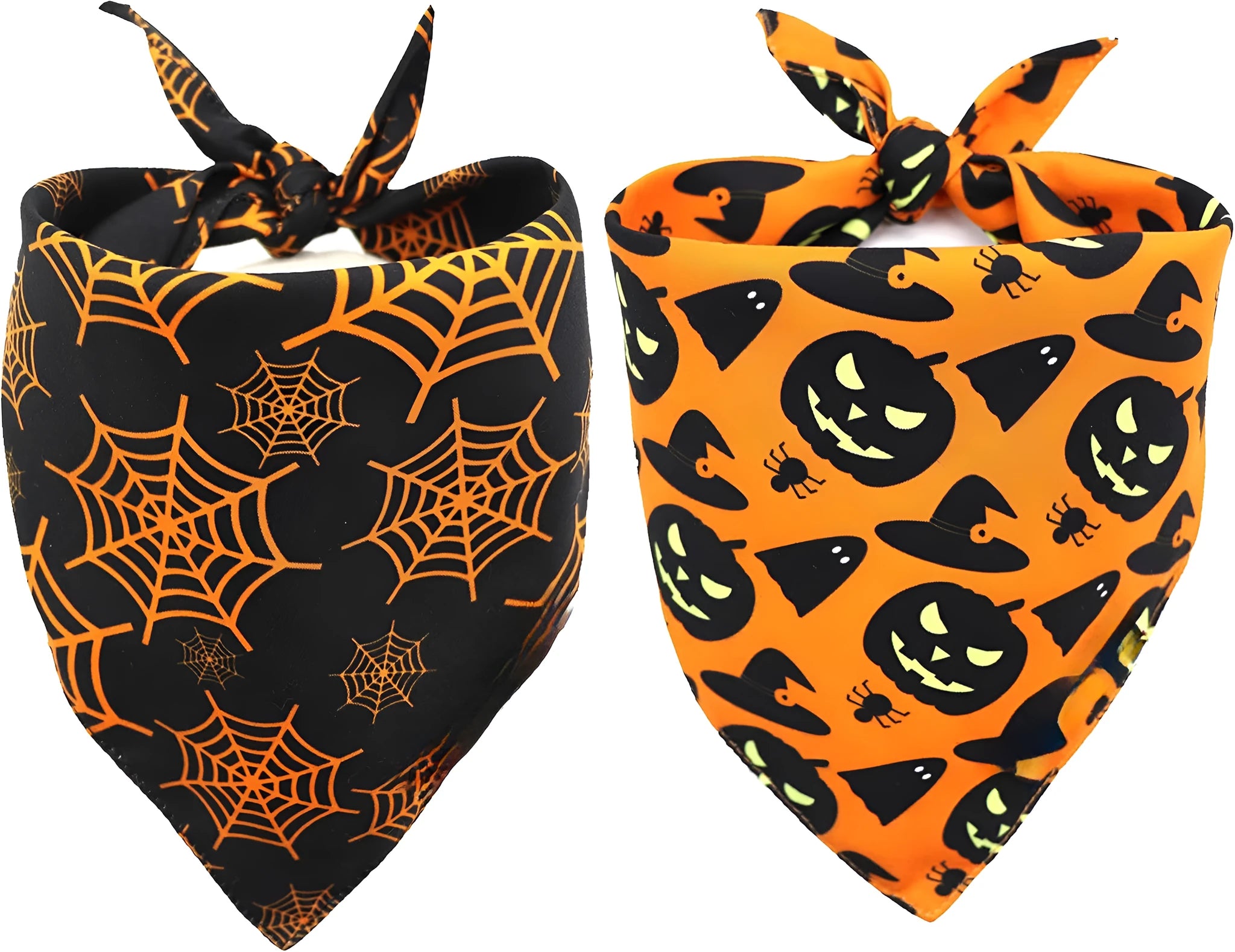 Black and orange reversible Halloween dog bandana with pumpkin and spider web patterns, shown on a dog's neck.