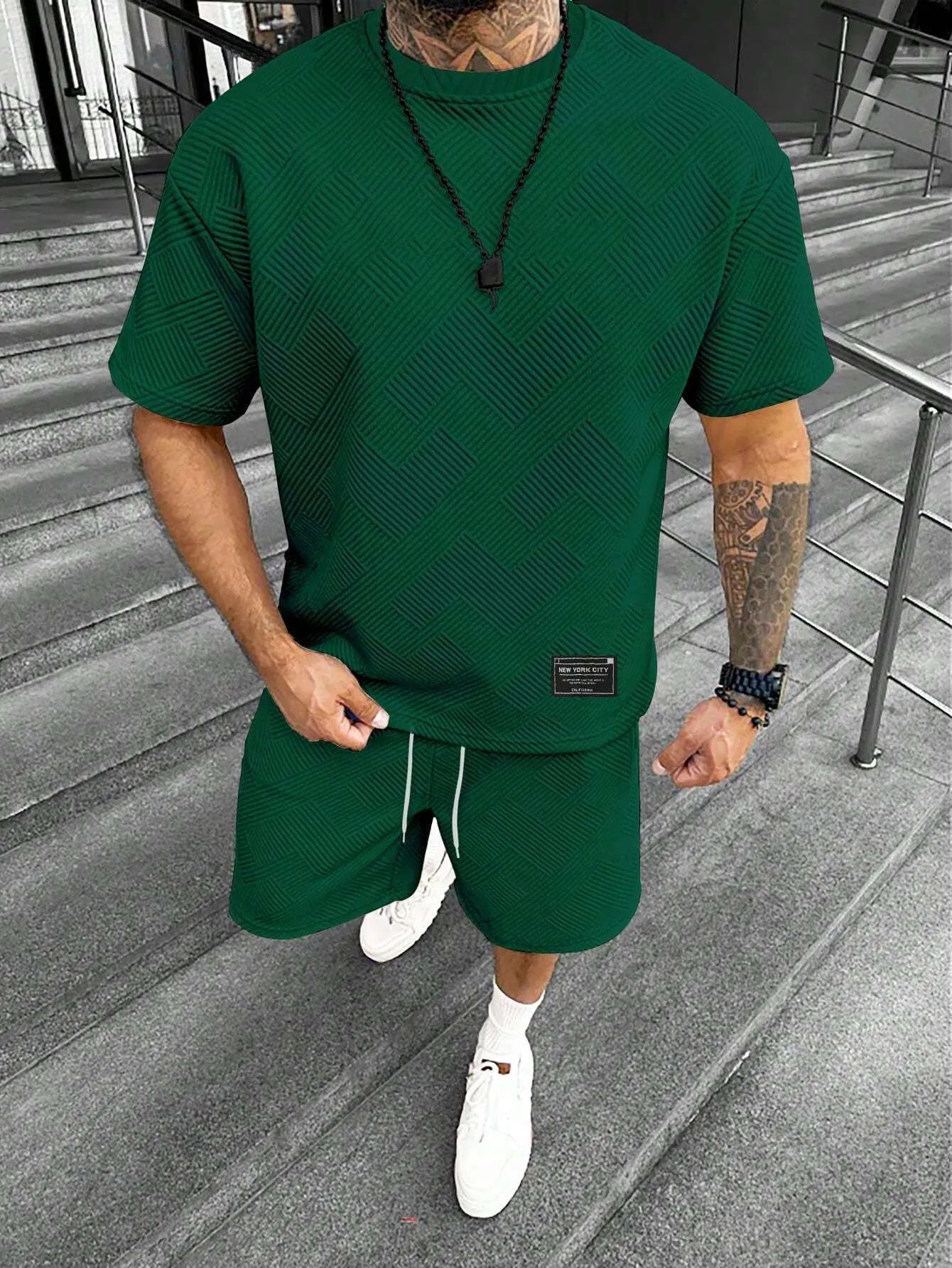 Men's short sleeve shorts matching set with 3D digital printed design on polyester fabric