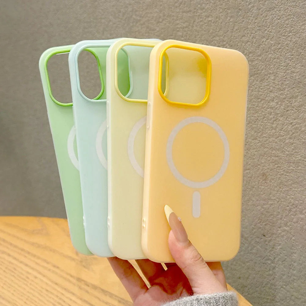 Double-layer magnetic phone case for iPhone 15 and 16 in beige, black, green, light yellow, orange, pink, rose red, light blue, purple.