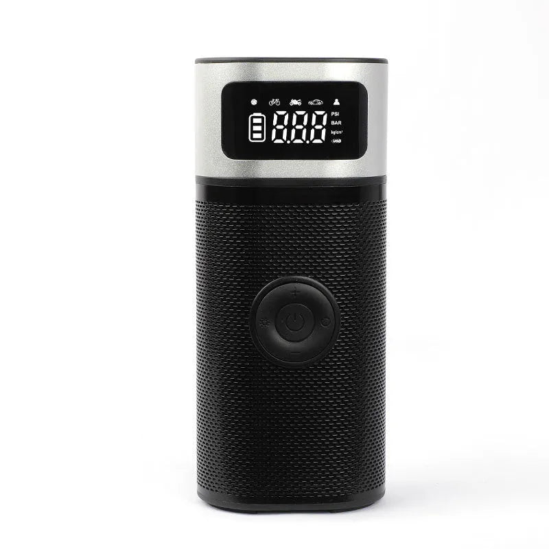 Black portable wireless smart air pump with LCD screen, LED light, inflation tube, and multiple nozzles on a white background.