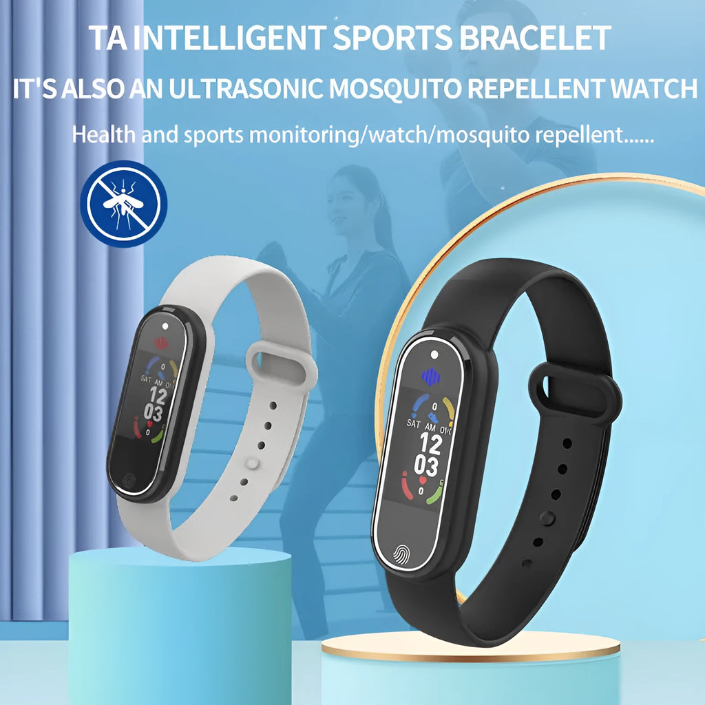 Black and white electronic ultrasonic mosquito repellent bracelet on a wrist.
