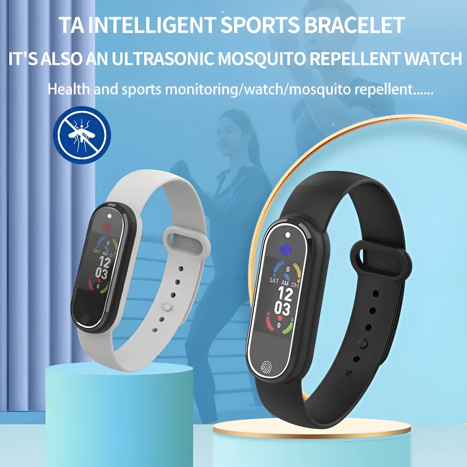 Black and white electronic ultrasonic mosquito repellent bracelet on a wrist.