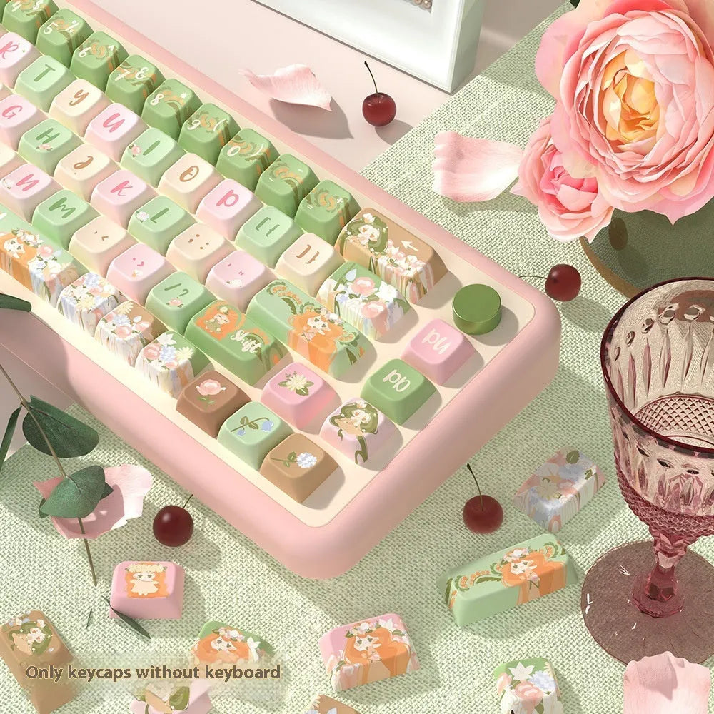 Mu Xia Garden Original Key Cap set in Summer Garden colour with sublimated custom graphics, showing 138-key and 158-key options