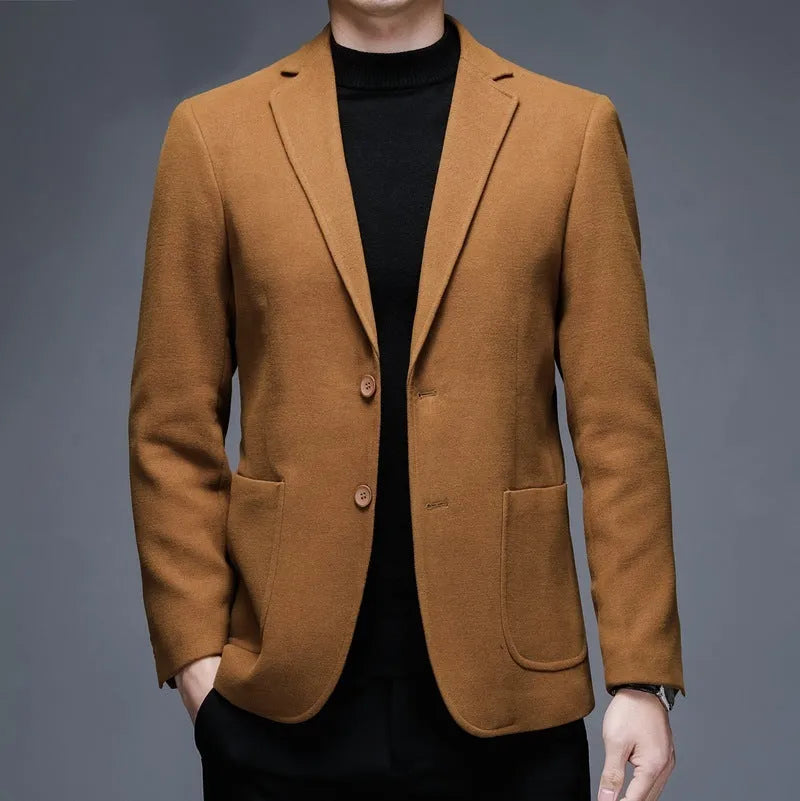 Men's solid colour loose fit woolen winter jacket in grey, shown front view.