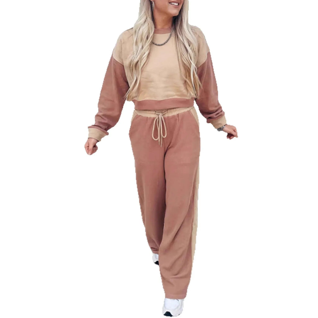 Women's camel-coloured cotton sports and leisure matching suit with top and trousers