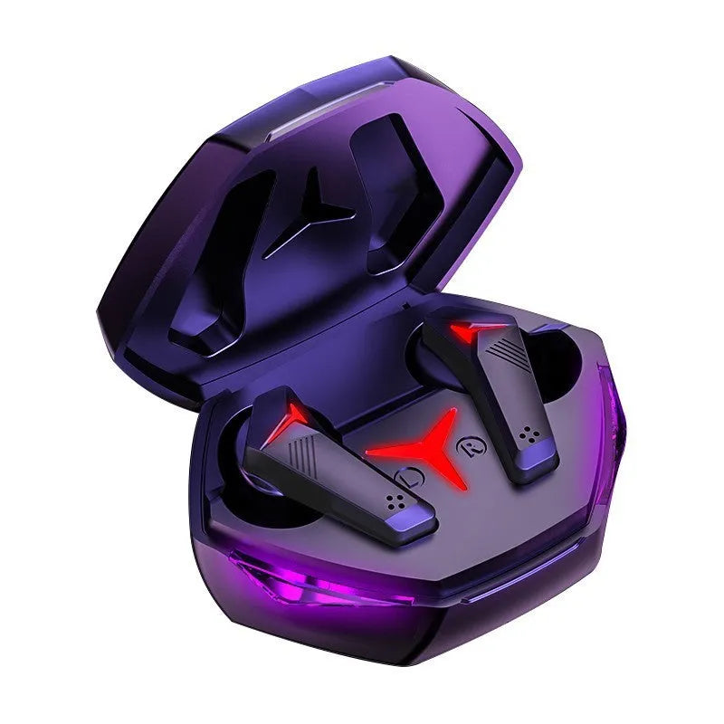 Black wireless Bluetooth gaming headset with earplug design and charging cable