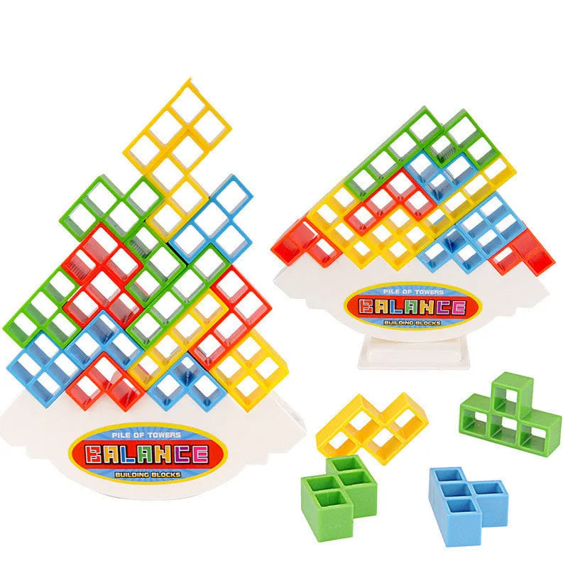 Plastic balance stacking game with 16 coloured blocks on 26.5cm square chassis for family play