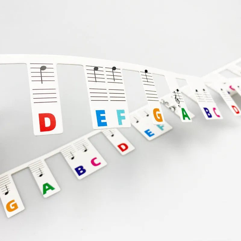 Set of 88 white cardboard piano key stickers showing staff notation and colour note bars for a full-size keyboard.
