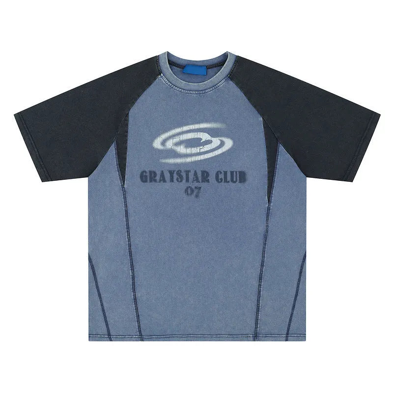 Men's blue hip hop letter print t-shirt with raglan sleeves, loose fit, on a hanger