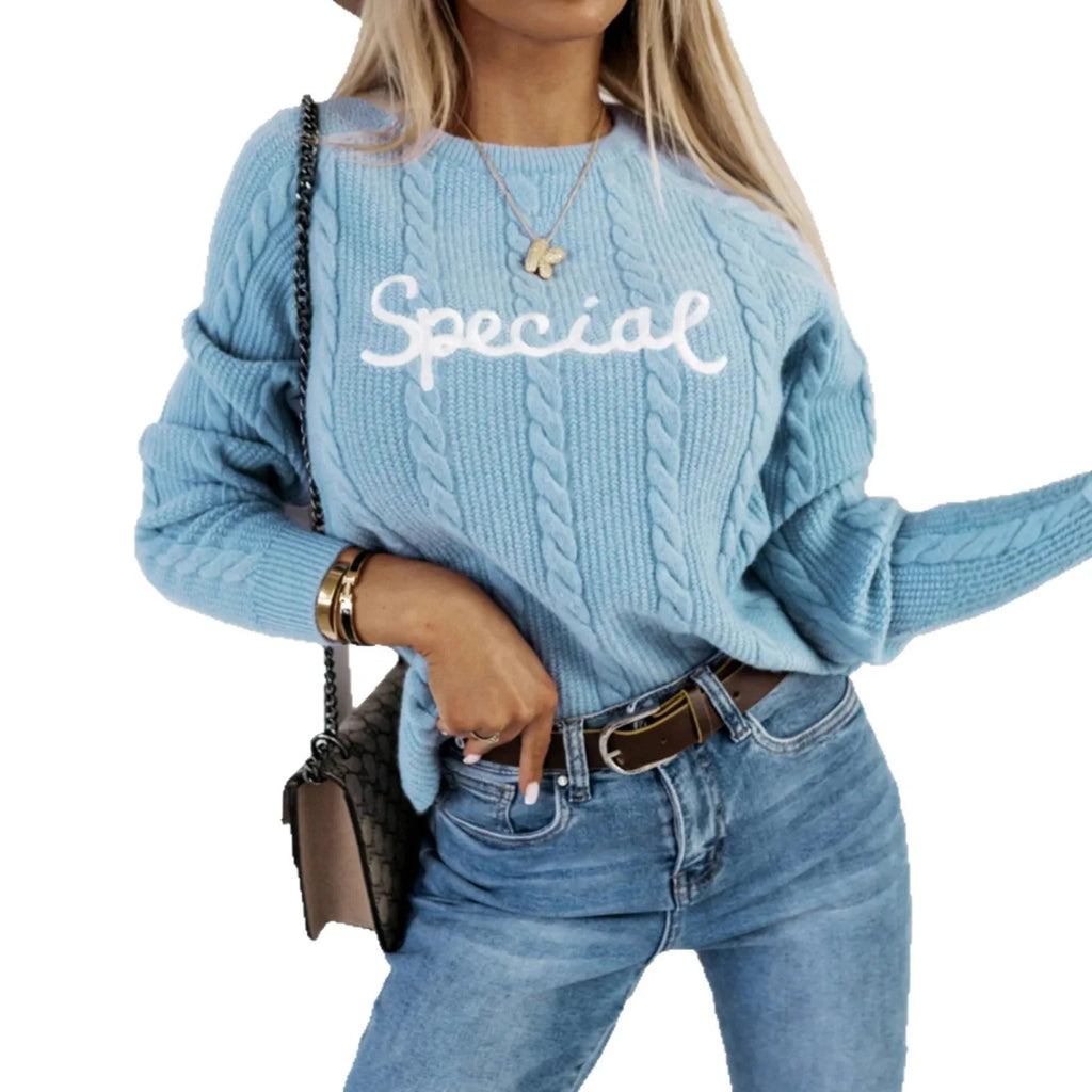 Blue crew neck pullover with embroidered letters pattern, street fashion knitwear
