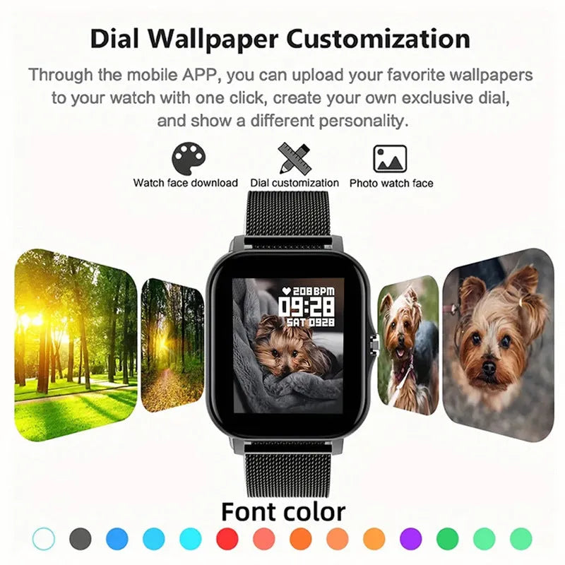 Smart watch with 144-inch touch screen, silicone strap, displaying fitness data and Bluetooth calling interface
