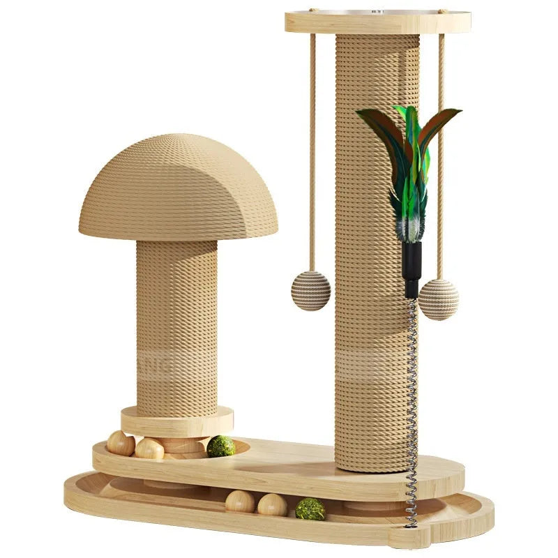 Solid wood cat turntable scratching post showing 60cm height and 30cm diameter rotating surface with multiple design options