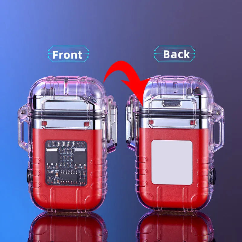 Transparent plastic dual arc lighter with USB charging port and side activation button