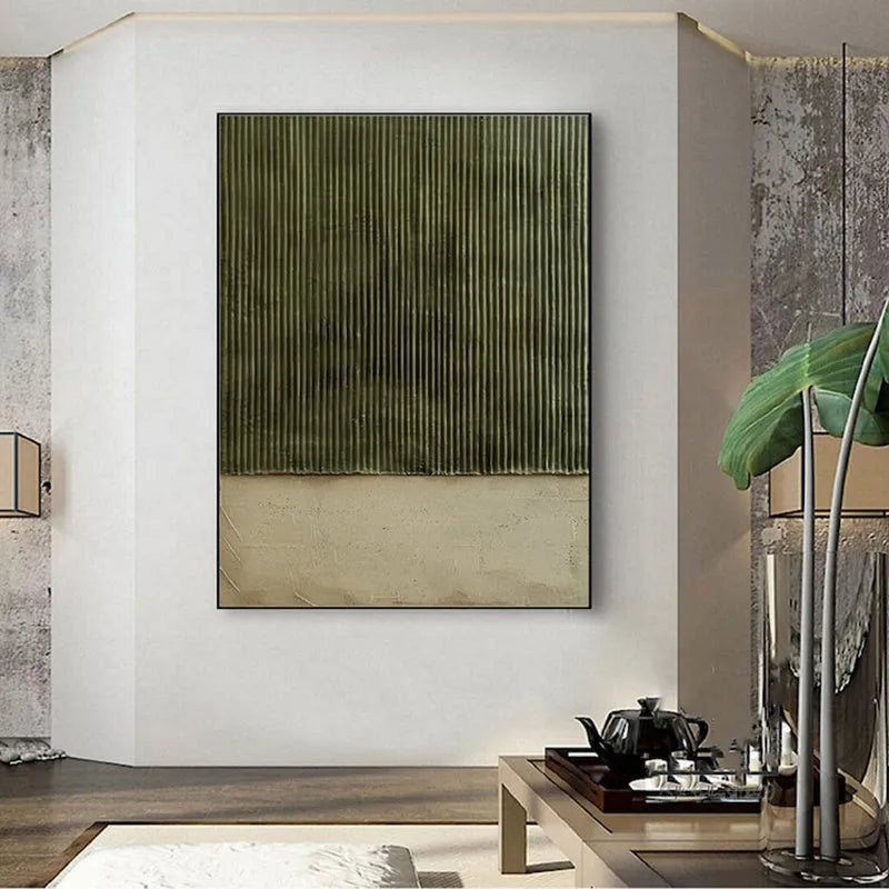 Large hand-painted green textured abstract oil painting on canvas, vertical one-panel wall art for living room and bedroom, no frame