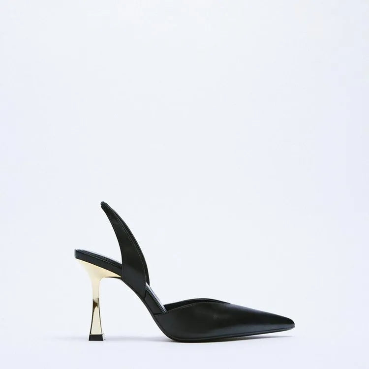 Women's pointed high heels in patent leather with shallow mouth design, available in black and apricot colours