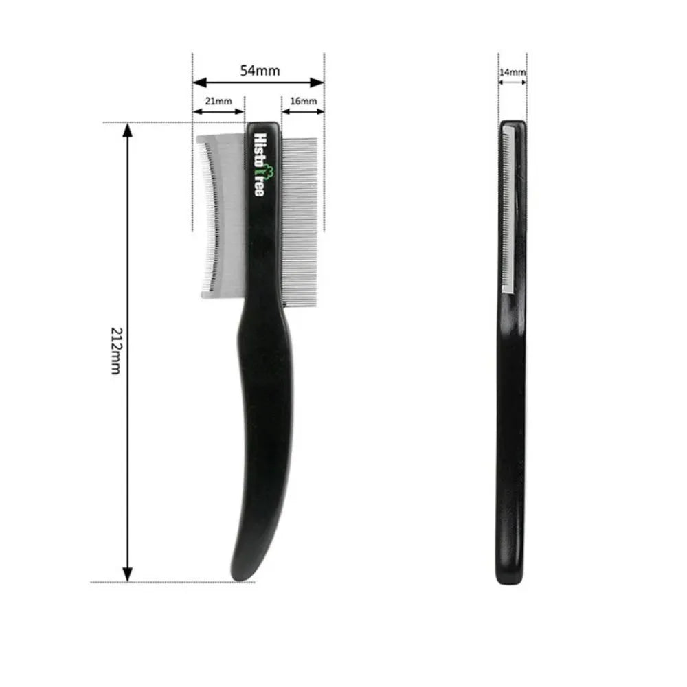 Black double-sided pet grooming comb with wooden handle and stainless steel teeth for cat and dog grooming