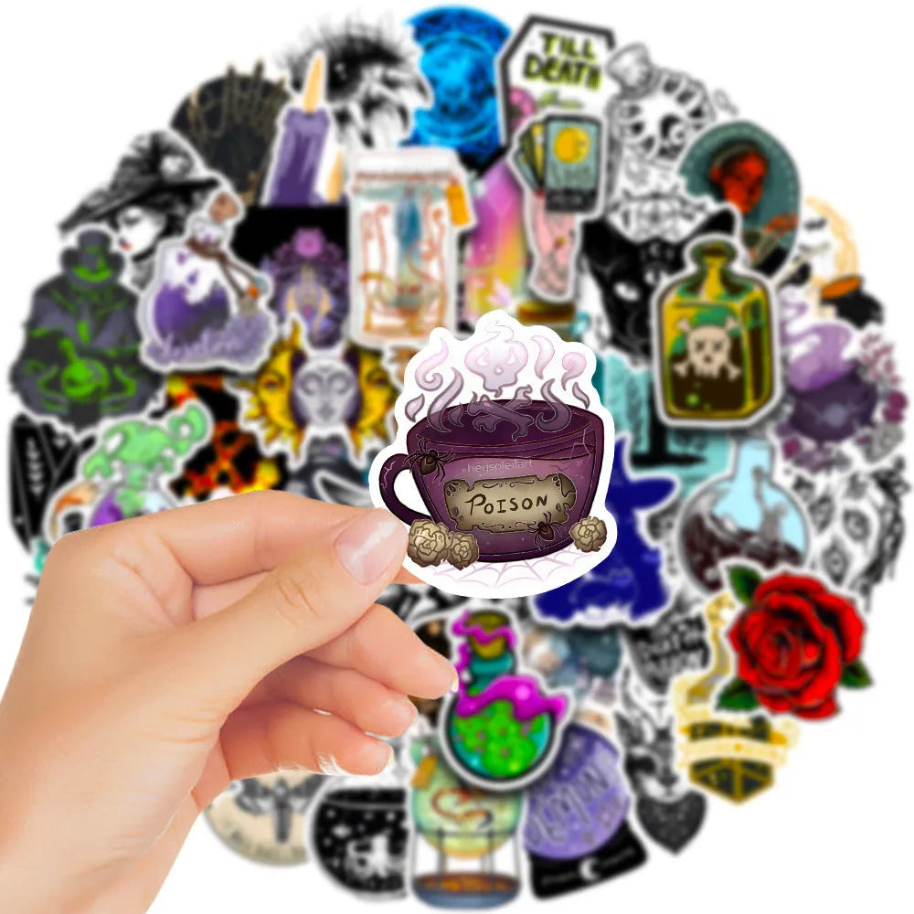 50 waterproof PVC stickers with glossy finish for laptops and skateboards, 3-8cm size range