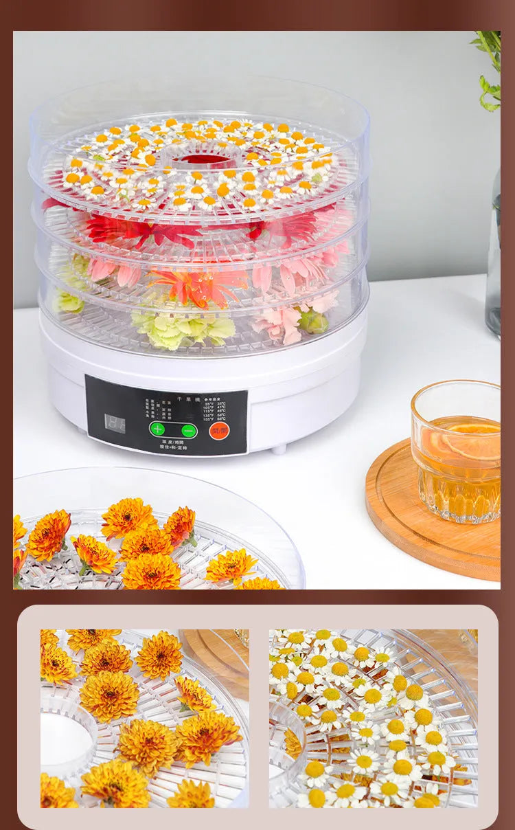 Five-layer food dehydrator with mesh drying trays and temperature control dial for home food preservation