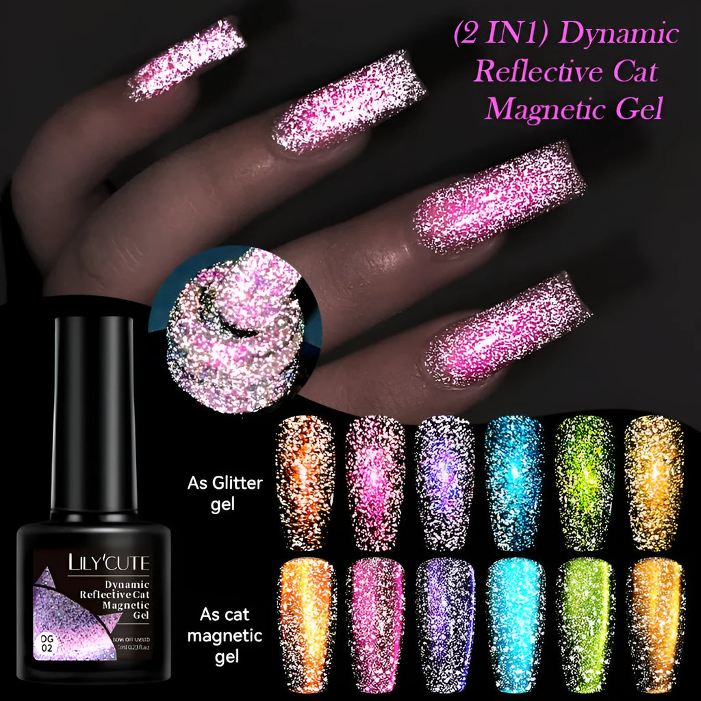 Diamond In The Debris Cat Eye Series nail polish gel bottles showing magnetic cat eye effect with glitter and fragments