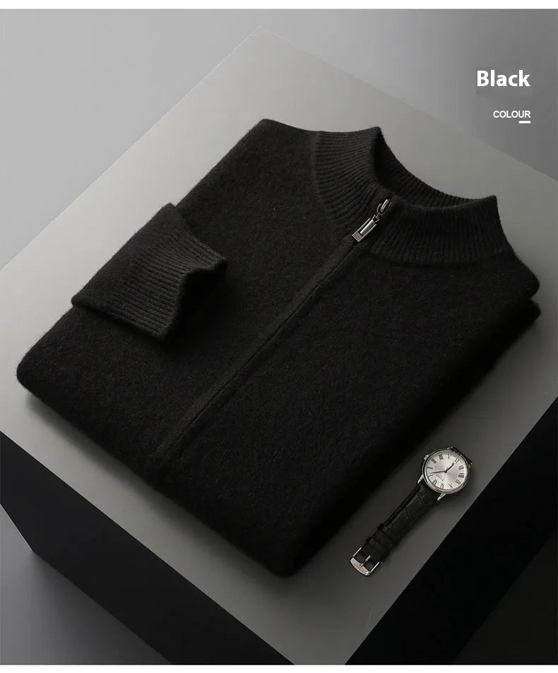 Men's double-strand thickened wool suit cardigan in light camel, dark gray, and black, long sleeve knitwear with trousers, Asian sizes.