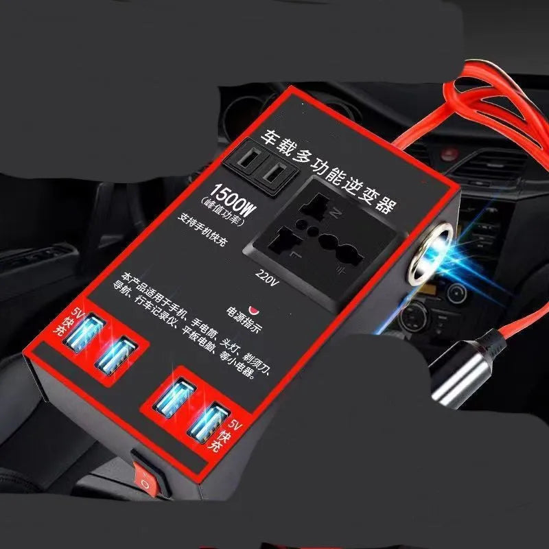 Black car power converter with UK three-pin socket and four USB ports for 12V/24V to 220V conversion