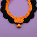 Hand-crocheted wool Halloween pet collar for cats and dogs in pumpkin colours with adjustable sizing