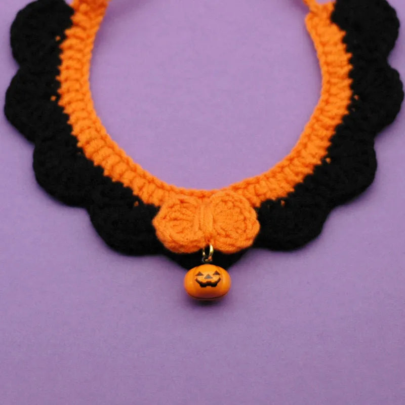Hand-crocheted wool Halloween pet collar for cats and dogs in pumpkin colours with adjustable sizing
