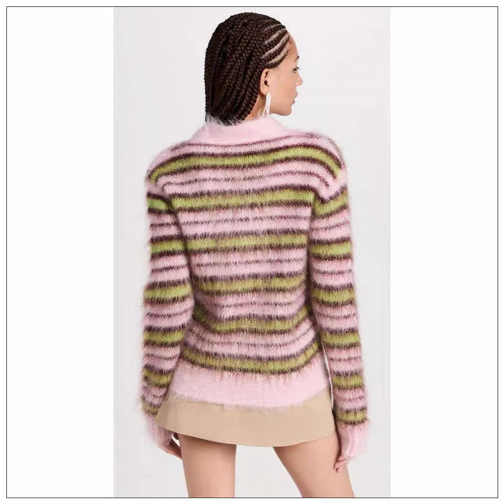 Pink haima wool knitted lazy coat cardigan and matching pullover with contrast colour detailing.