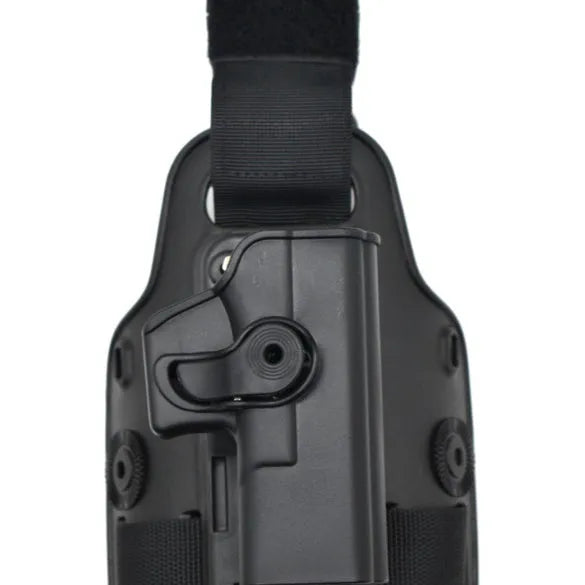 Tactical waist plate leg holster in plastic construction with quick-pull design