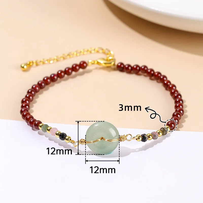 Chinese crystal agate bracelet with garnet safety clasp and round beads