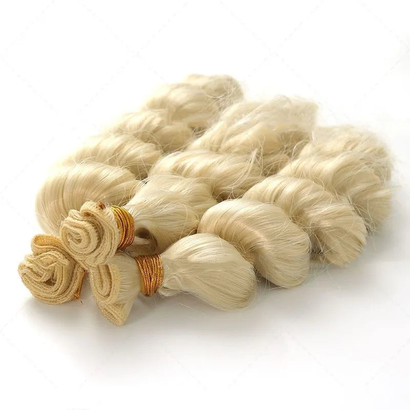 A golden synthetic wig for women shown in 18-inch, 20-inch and 22-inch length options.