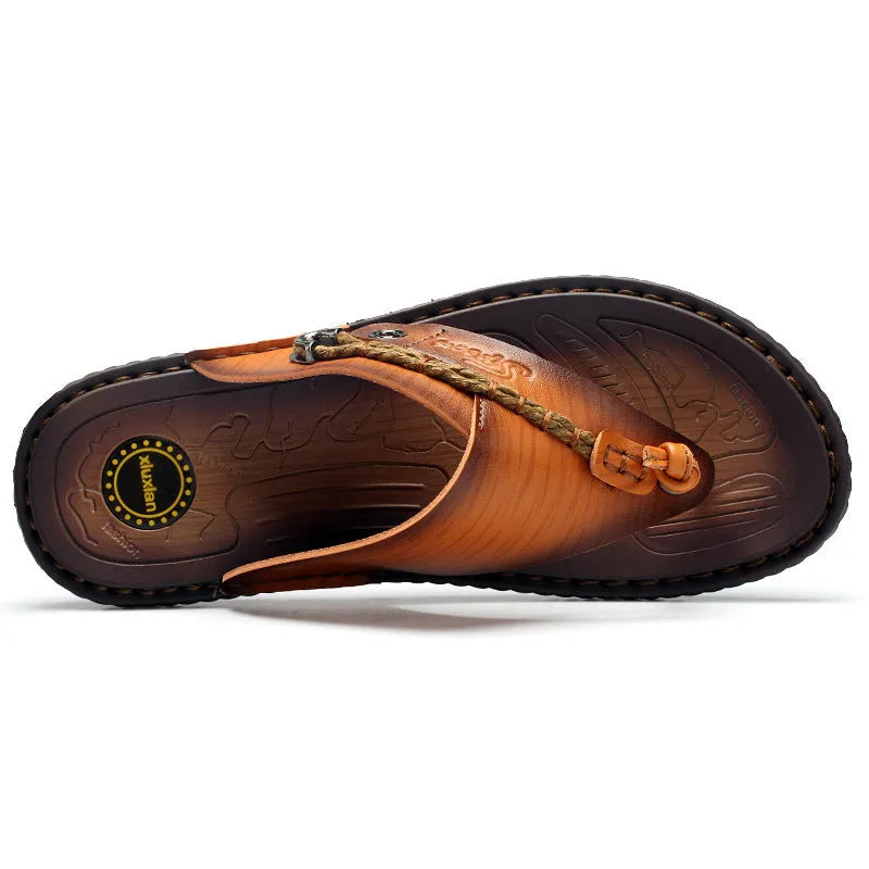 Men's dark blue herringbone pattern outdoor slippers with leather lining and rubber sole