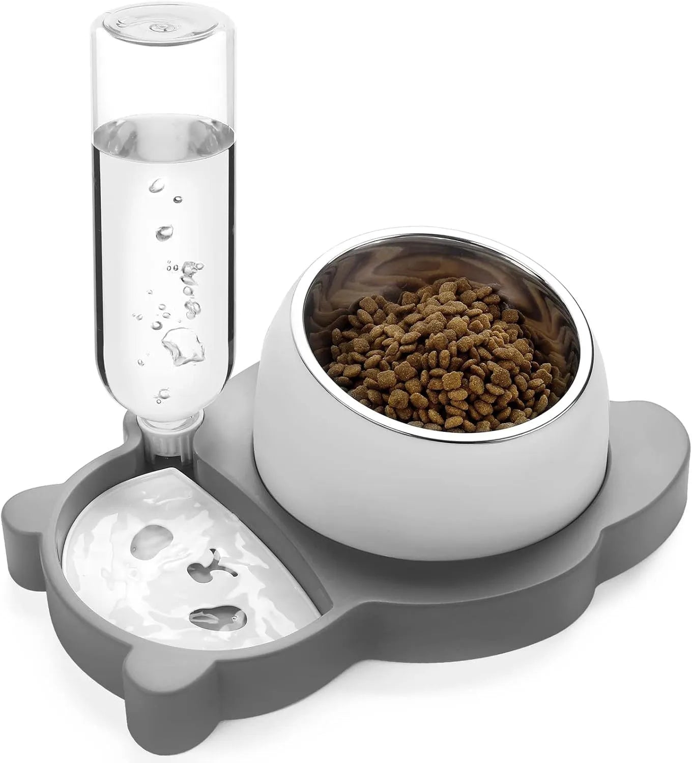 Elevated pet bowls set in panda shape with 15° tilt and automatic water dispenser for cats and small dogs