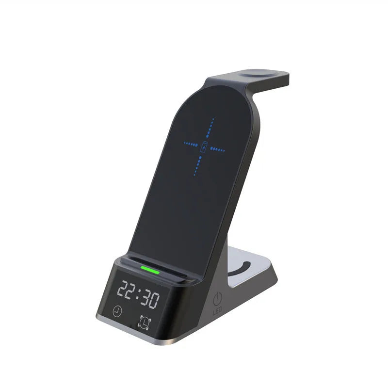 Black alarm clock wireless charger with six charging functions, dimensions 125mm by 65mm by 298mm