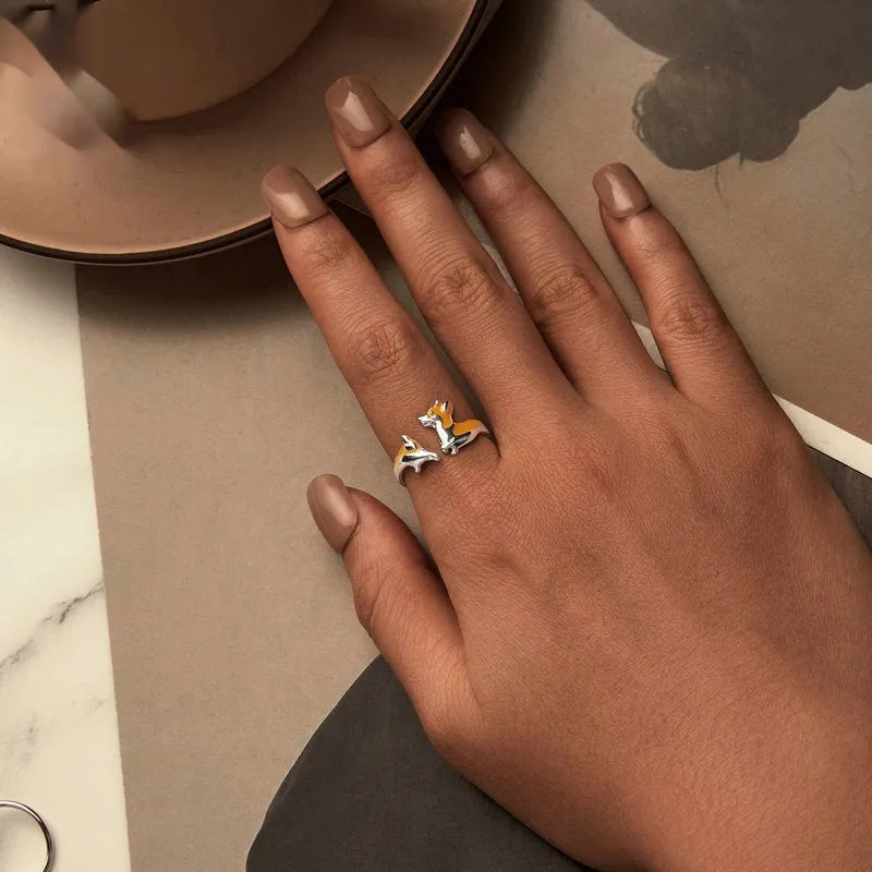 Silver ring with cartoon corgi design and adjustable sizing for women