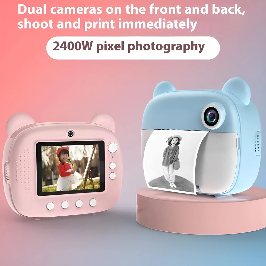 Children's SLR-style toy camera in pink with double lens, games and photo sticker functions