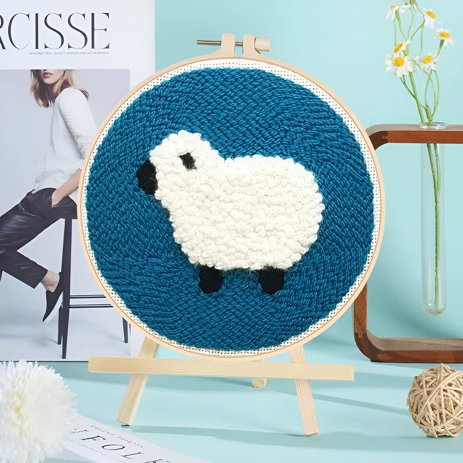 Chinese-style white poke embroidery string art kit with embroidery frame.