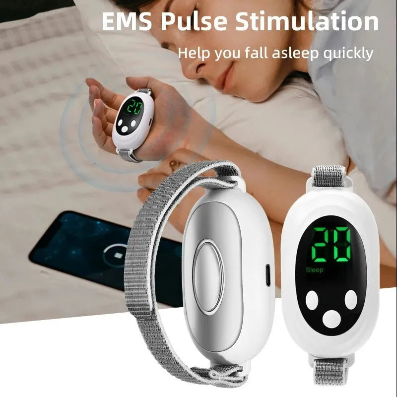 White handheld sleep aid remote control device with USB charging port and adjustable intensity settings