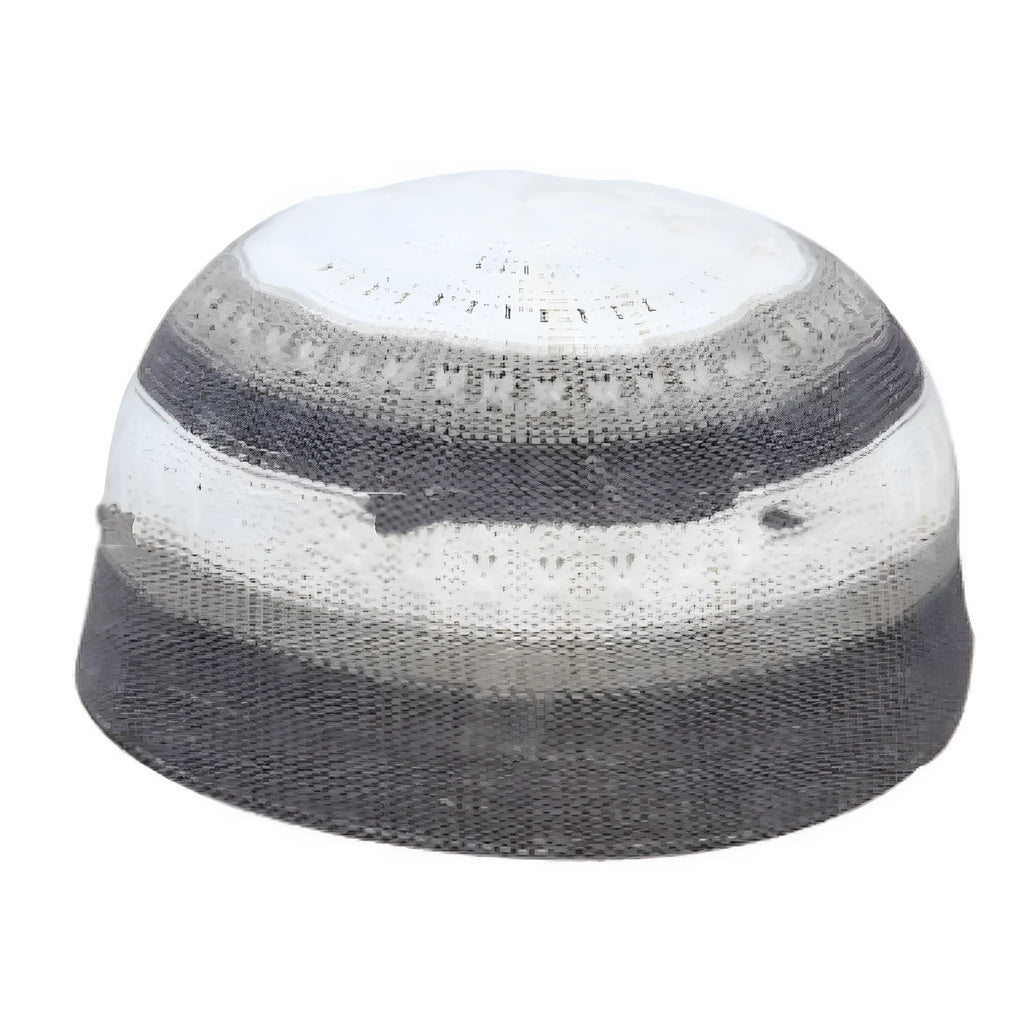 Cotton knitted mesh Muslim prayer cap with geometric embroidery, sizes S to L, colours A B D E