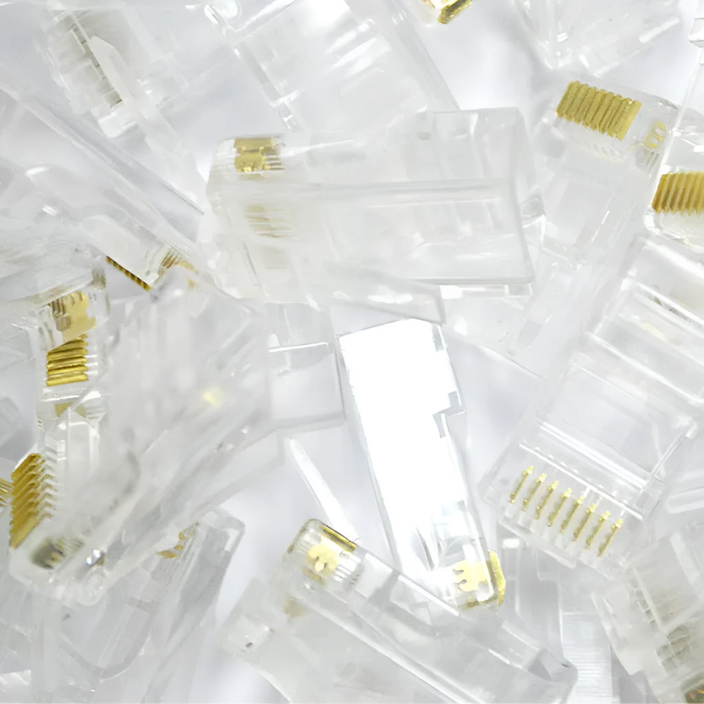 A pack of 1000 white unshielded RJ45 network modular plugs with gold-plated contacts.