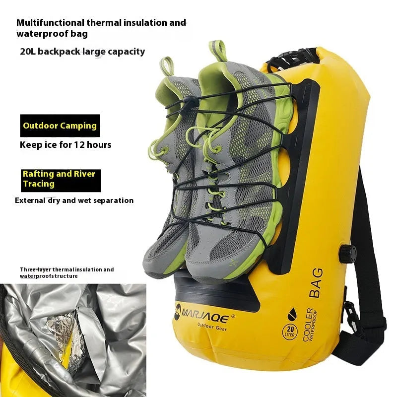 Yellow and black waterproof outdoor backpack with 20L capacity and dry-wet separation compartments.