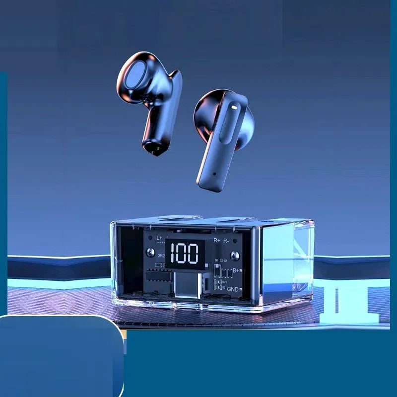 Transparent case true wireless Bluetooth earphones with digital display in five colour options