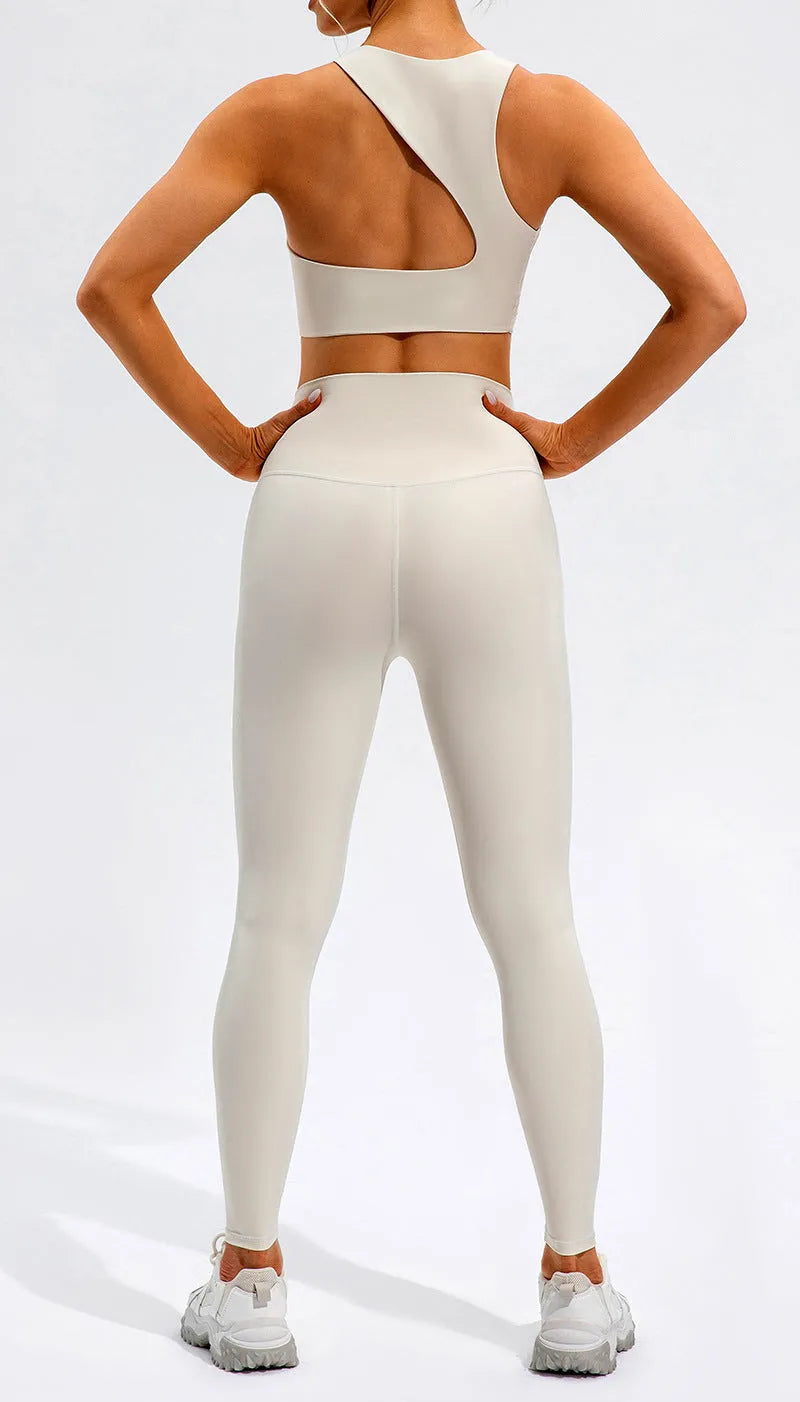 High waist Lycra yoga set for women, tight top and pants in off-white, black or dark brown, sizes S-XL
