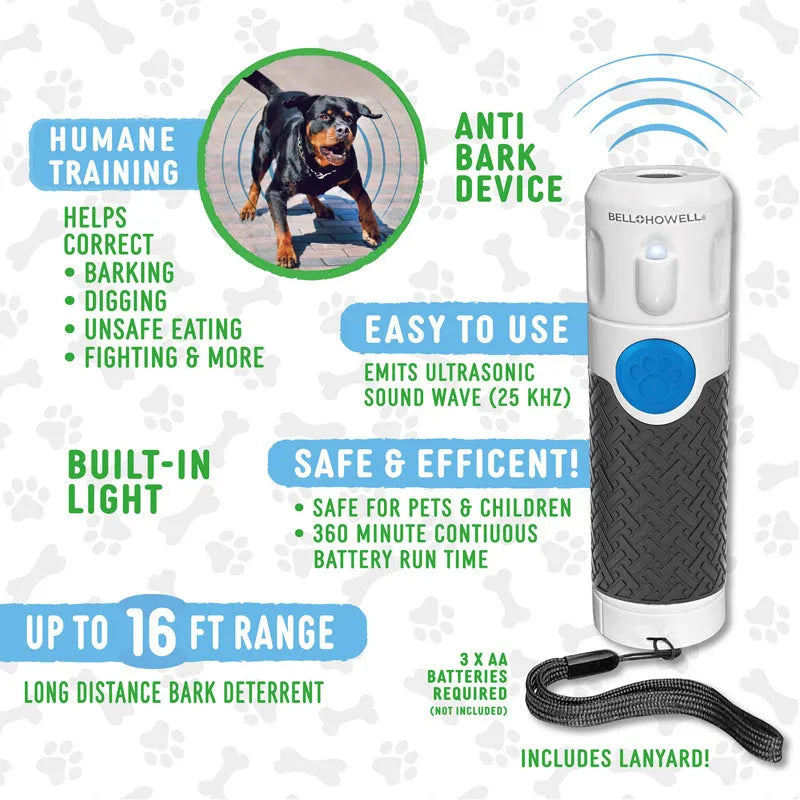 White ABS plastic ultrasonic dog trainer handheld device for bark control with textured grip surfaces